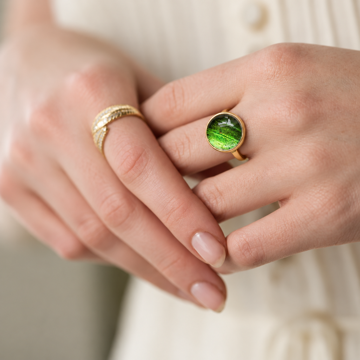 Iridescent Green Cabochon Ring – Gold Plated