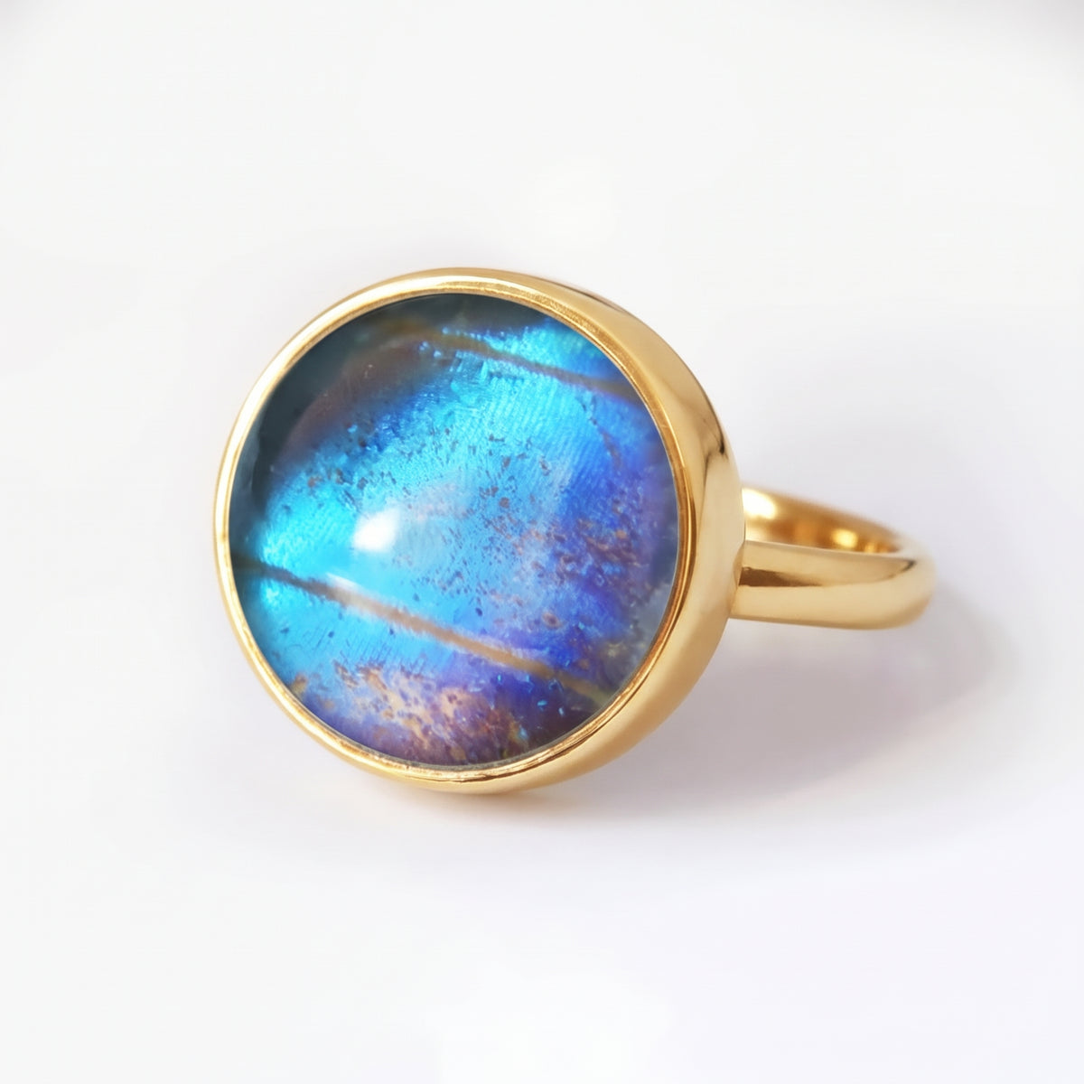 Iridescent Blue Cabochon Ring – Gold Plated