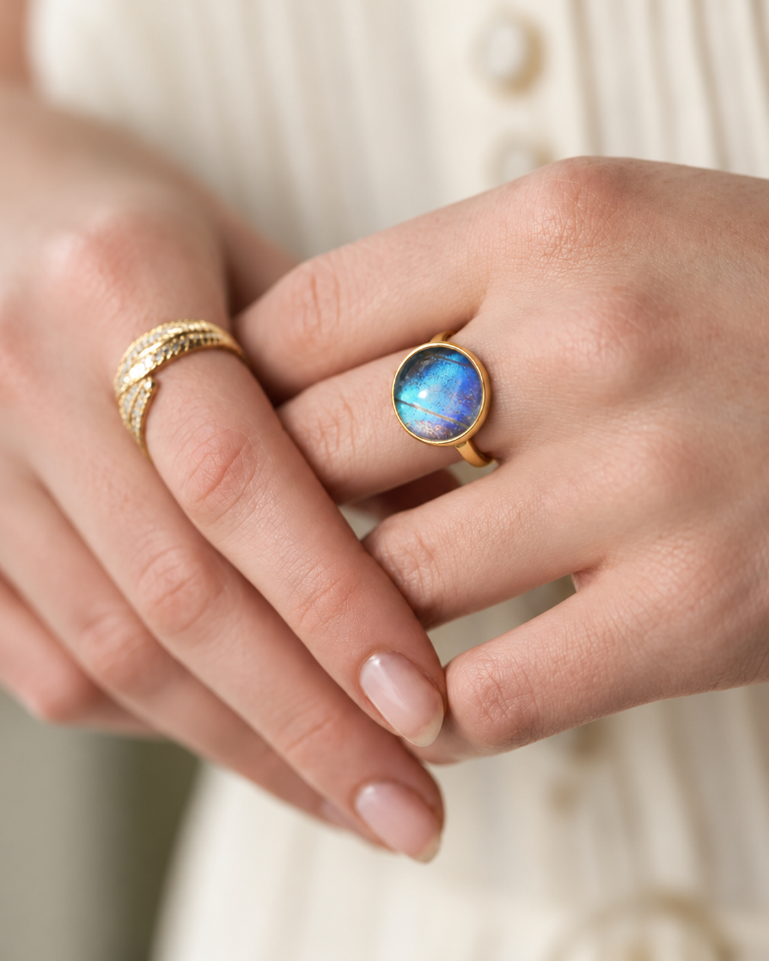 Iridescent Blue Cabochon Ring – Gold Plated