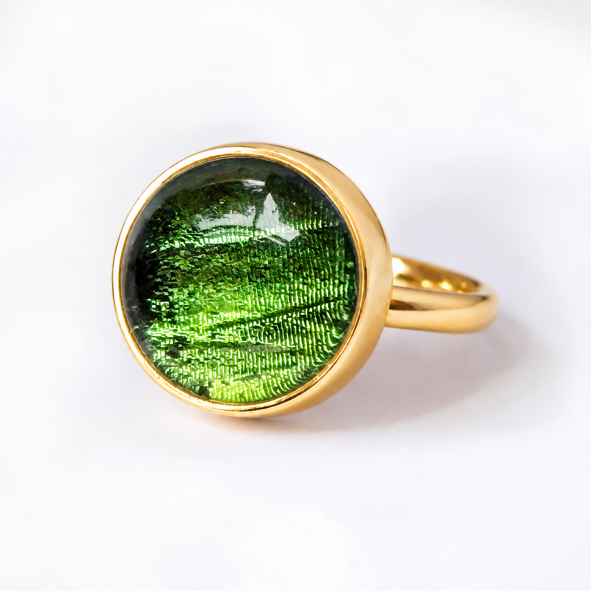Iridescent Green Cabochon Ring – Gold Plated