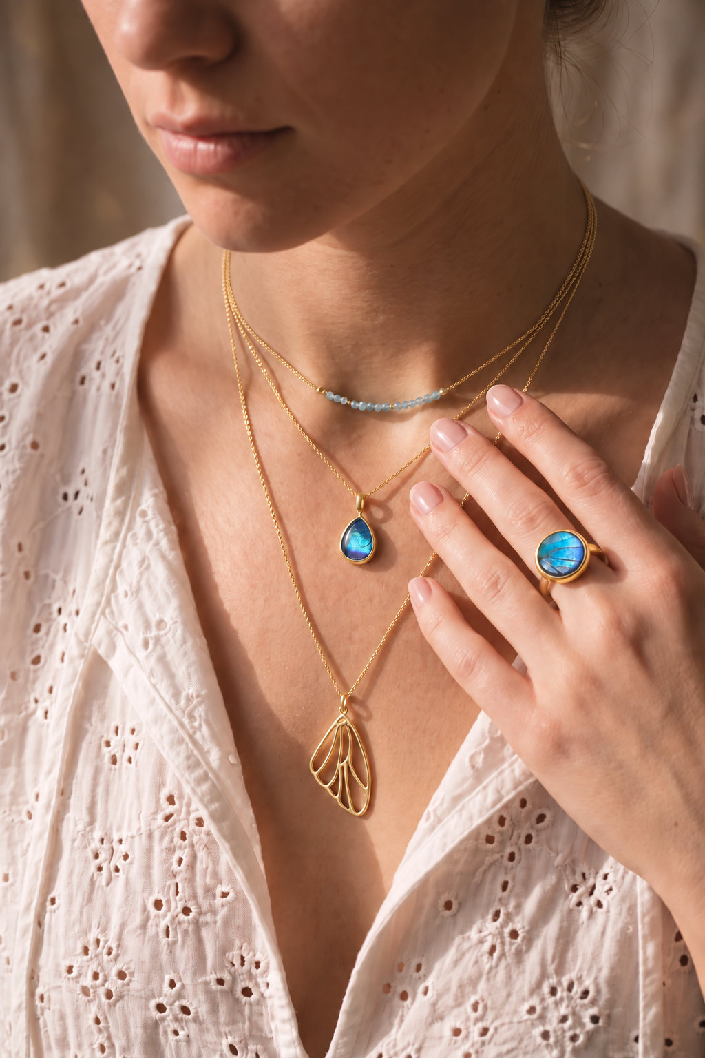Iridescent Blue Cabochon Ring – Gold Plated