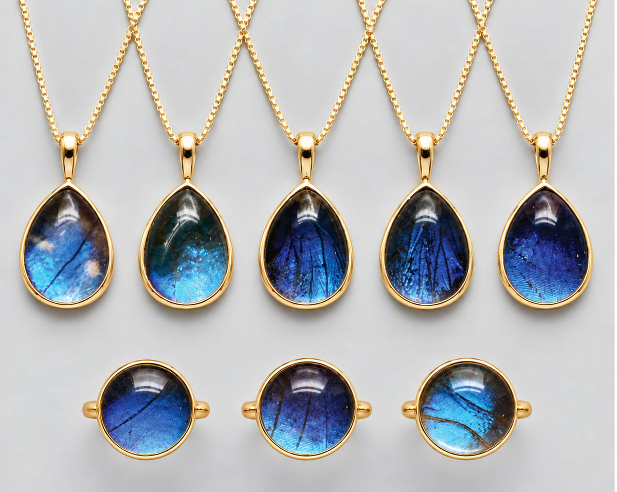 Iridescent Blue Cabochon Charm – Gold Plated